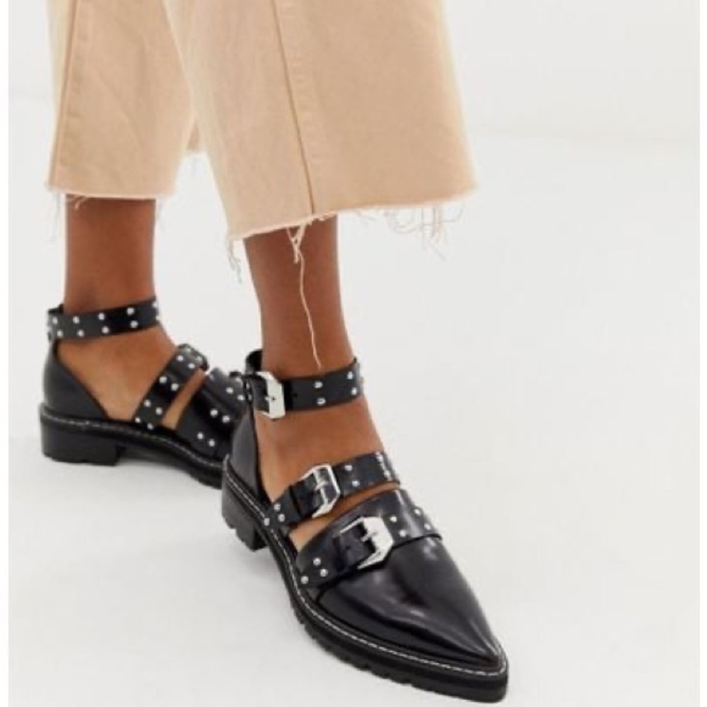 ASOS Black Faux Leather Studded Hardware Buckle Ankle Strap Flat Shoes